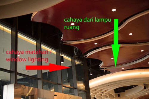 Cahaya ruang di Mal, kombinasi mix lighting, antara Cahaya matahari dan lampu-lampu ruang.